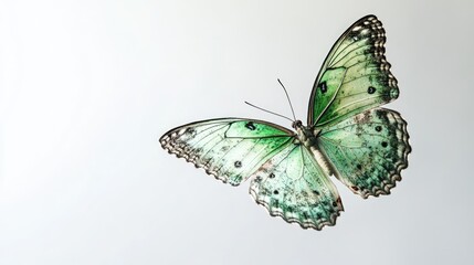 Vibrant green Common Wanderer butterfly in mid-flight against a clean white background, casting a soft shadow below, nature, wildlife, delicate beauty, close-up.