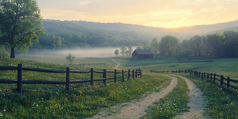 Serene Sunrise Farm Landscape Rustic Fence Rolling Hills Misty Dawn