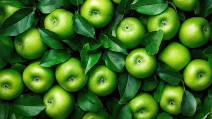 Green apples clustered among vibrant leaves showcasing freshness and ripeness under natural light ideal for health and culinary themes