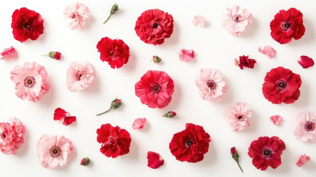 Vibrant collage of red and pink carnations scattered over a clean white background, showcasing diverse flower sizes and shapes, floral arrangement, nature, beauty, freshness. - Powered by Adobe