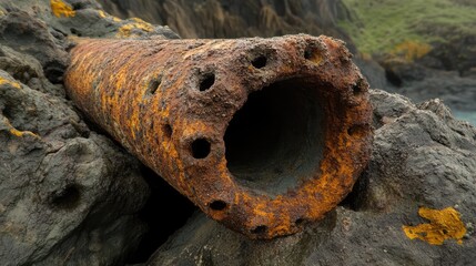 Detailed close-up of a corroded steel pipe showcasing significant rust and decay, with visible holes and a valve, set against rocky offshore terrain, industrial decay, marine environment, corrosion.