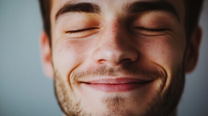 Obraz premium Smiling brunette man with closed eyes expressing joy and contentment in a close up portrait against a soft background