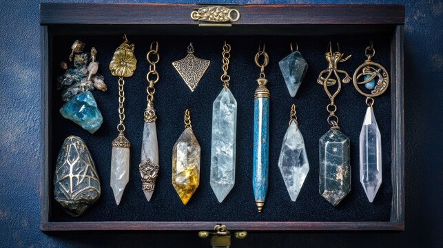 Mystical collection of clairvoyant tools featuring rune stones and crystal pendulums displayed in a dark wooden box against a blue backdrop