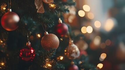 Cozy Christmas interior featuring a beautifully decorated tree adorned with garlands, ornaments, and warm bokeh lights creating festive ambiance