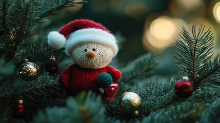 Obraz premium Festive Christmas decorations with a knitted snowman toy and ornaments on a fir tree branch creating a warm holiday atmosphere.
