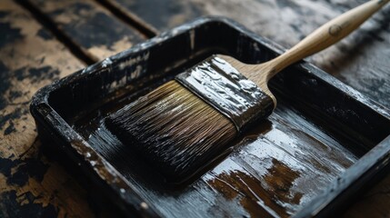 Wooden paintbrush resting in a black tray with brown paint stains against a backdrop of freshly painted dark wood surface.