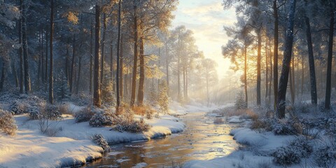 Naklejka premium Majestic Winter Wonderland Snowy Forest Stream Sunrise 8k