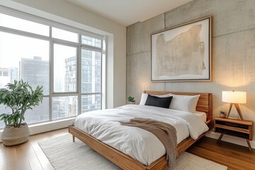 Modern minimalist bedroom natural light large windows