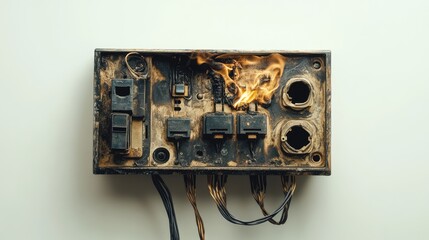 Burned electrical circuit breaker fuse box with charred cables on a white background depicting fire damage and electrical hazards