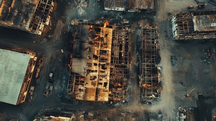 Aerial view of a burnt industrial distribution warehouse showcasing charred structures and surrounding debris from a drone perspective.