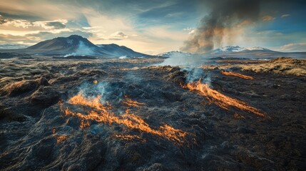 Fototapeta premium Burning Peatland Landscape in National Park with Smoke and Flames Under Dramatic Sky