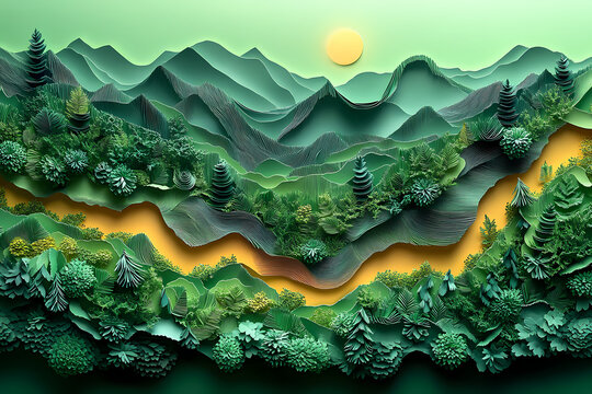 Forest, green, brown, multidimensional paper illustration on light green background, 3D relief.