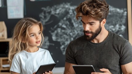 A modern classroom with students engaged in a digital learning session, with tablets and interactive whiteboards in use, and a teacher guiding the class, Ultra-Realistic, Photo Realistic, highly 