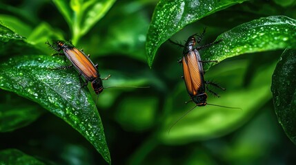Close up of American cockroaches Periplaneta americana resting on lush green leaves in nature's habitat.