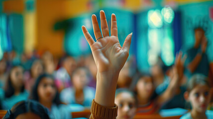  A raised hand in a classroom filled with diverse students attentively learning symbolizing education participation and engagement