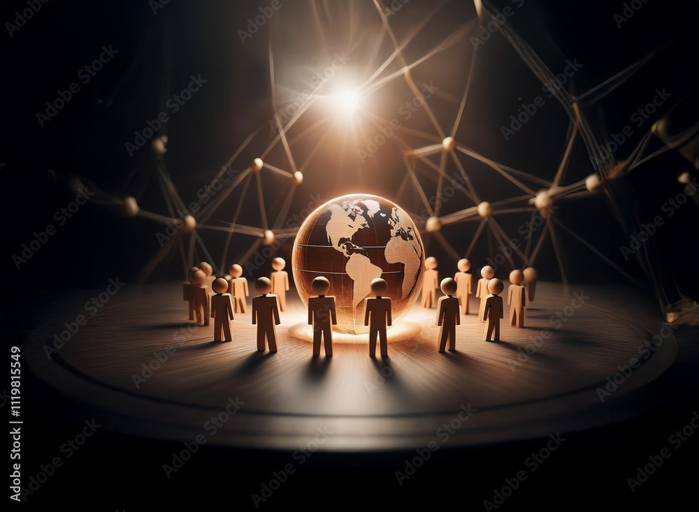 Poster A glowing earth encircled by small figures stands on a dark platform, interconnected by a luminous web, symbolizing global unity and connection.
