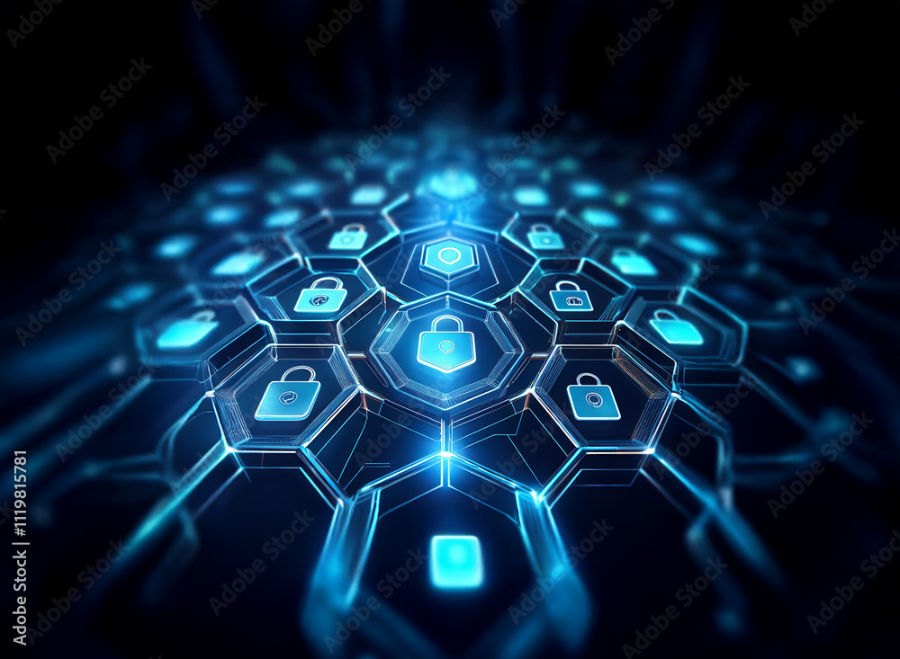 Aufkleber Abstract digital illustration of a network security system.  Blue glowing padlocks are arranged in a hexagonal pattern, suggesting protection and connectivity.