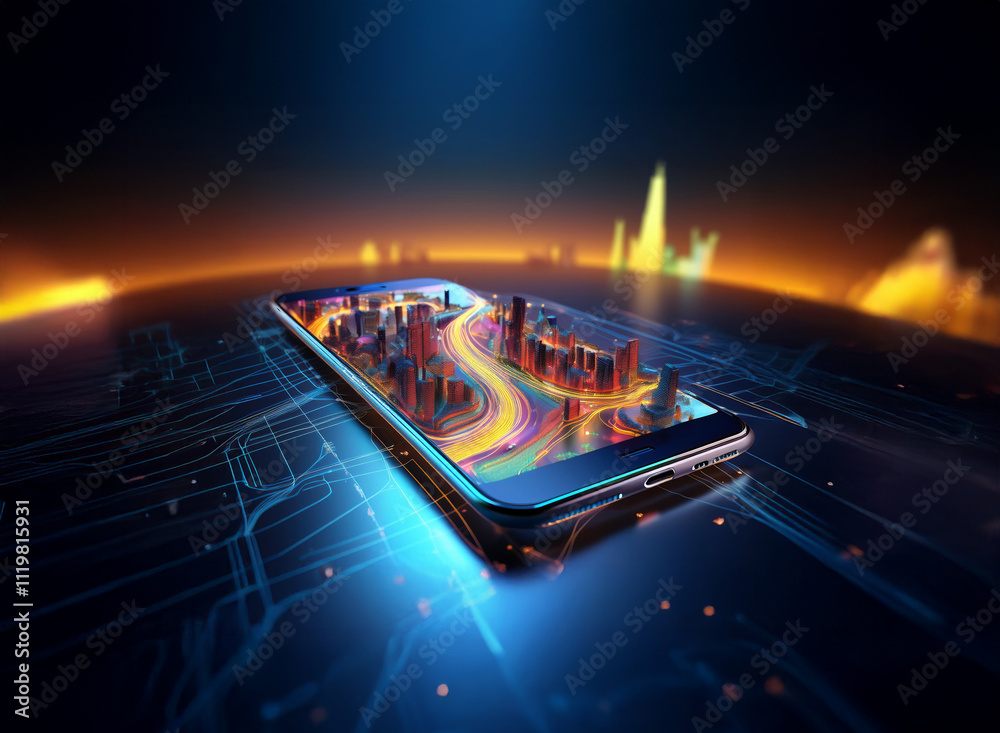 Poster a futuristic city model displayed on a smartphone screen, resting on a glowing circuit board. the vi