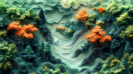 Forest, green, brown, multidimensional paper illustration on light green background, 3D relief.