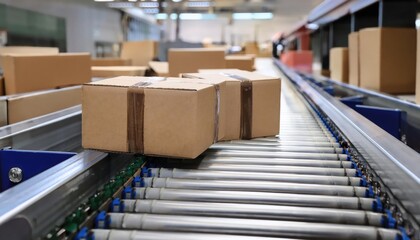 Conveyor roller-mounted boxes prepared for courier delivery and distribution 
