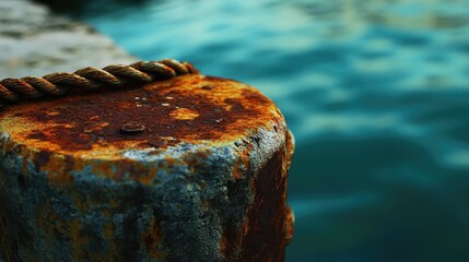 Rusty mooring bollard with ropes on the quay of a port surrounded by calm blue water creating a...