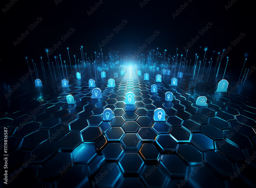 Aufkleber Abstract digital landscape: glowing blue hexagon grid with lightbulb icons forming a network pathway, extending into a bright horizon.  Represents data flow, connection, and innovation.