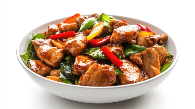 Delicious Chinese stir fry chicken wings with colorful bell peppers and greens in a white bowl on a clean background