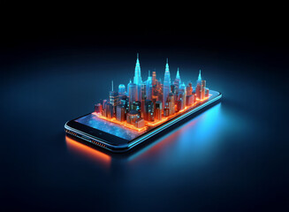 Fototapeta premium A futuristic cityscape, rendered in vibrant blue and orange hues, sits atop a sleek smartphone, symbolizing the convergence of technology and urban life. The scene is dark and sleek, highlighting the