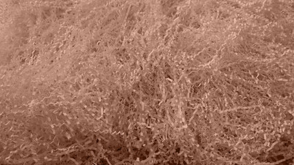 Shredded paper texture, filling for gift box, stuffing and shipping. Brown decorative straws fillers for product placement. Paper trash texture. Selective focus. Mocha Mousse, Color of the Year 2025.