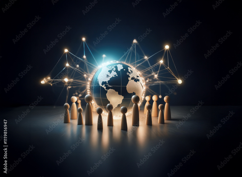 Poster a glowing earth encircled by a network of connections, surrounded by a circle of wooden figures repr