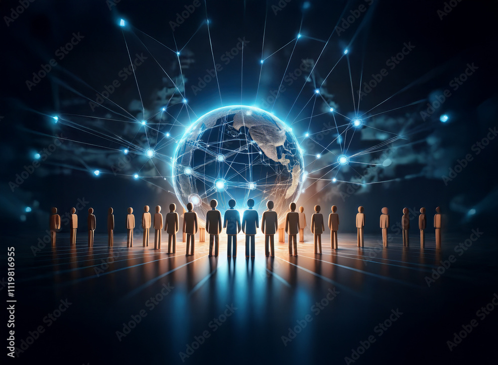 Aufkleber A glowing globe encircled by a network of connections, before a group of figures standing united, symbolizes global connectivity and unity.