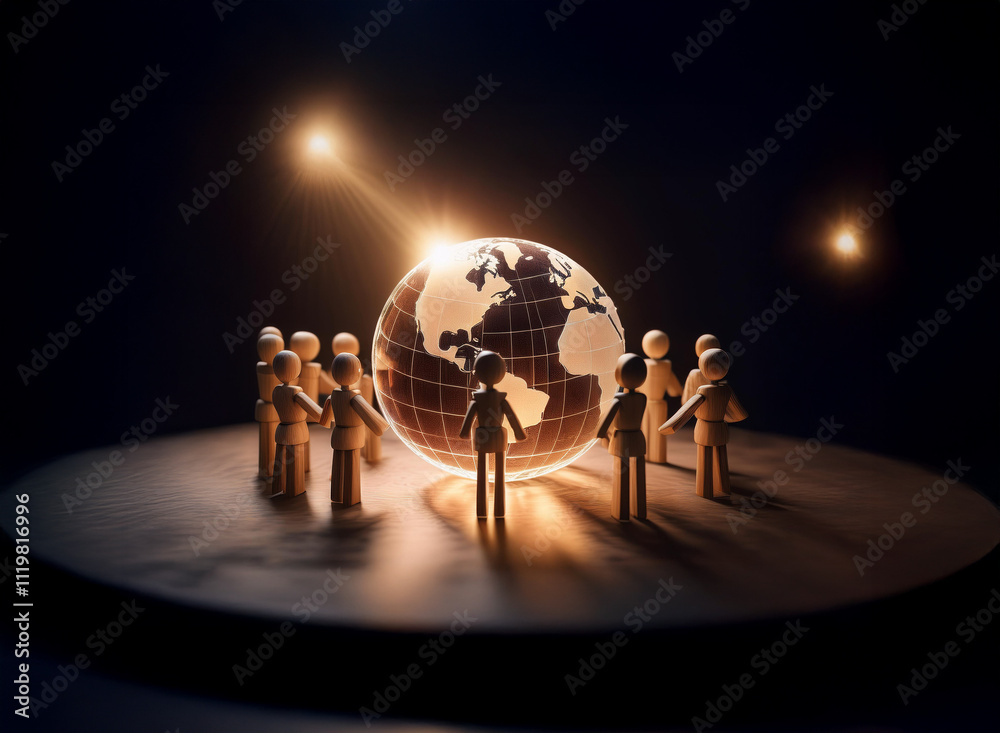Aufkleber a glowing glass earth encircled by figures holding hands, symbolizing global unity and connection un