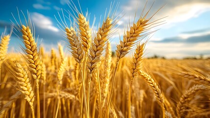 Fototapeta premium Panoramic landscape of golden wheat field beneath blue sky during harvest season. Agricultural&nbsp;scene captures ripe wheat ears in&nbsp;warm sunlight with dramatic atmospheric conditions.