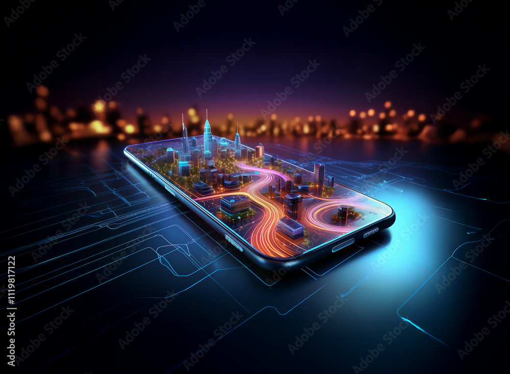 Aufkleber A vibrant city skyline miniature rests on a smartphone screen, illuminated by glowing circuit lines.  This depicts the concept of smart city technology and mobile connectivity.