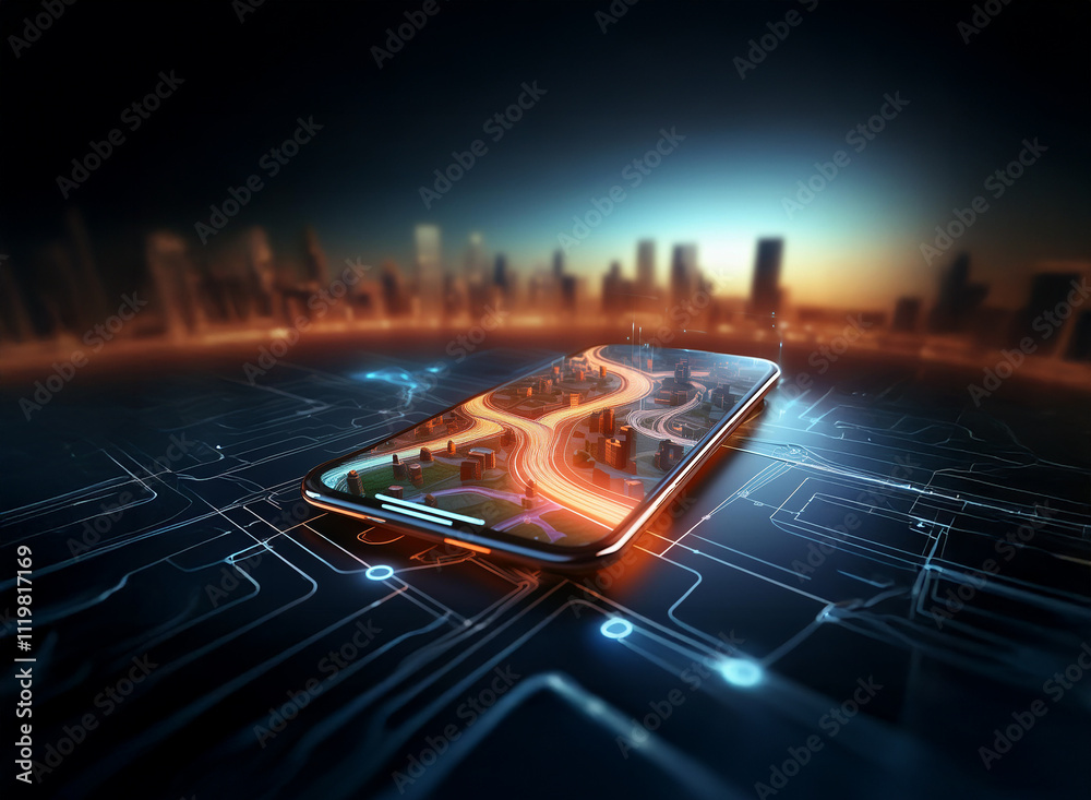 Aufkleber a smartphone displays a 3d map of a winding road through a cityscape at sunset, resting on a circuit