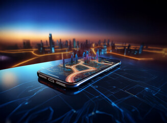 A futuristic city model hovers above a smartphone, showcasing advanced augmented reality technology.  The city glows with vibrant lights against a twilight backdrop.