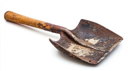 Rusty old shovel with a worn wooden handle isolated on a white background showcasing years of use and dirt accumulation.