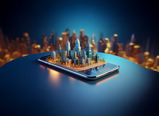 A miniature city sits on a smartphone, symbolizing mobile technology and urban development.  The background features a blurred cityscape, enhancing the futuristic feel.