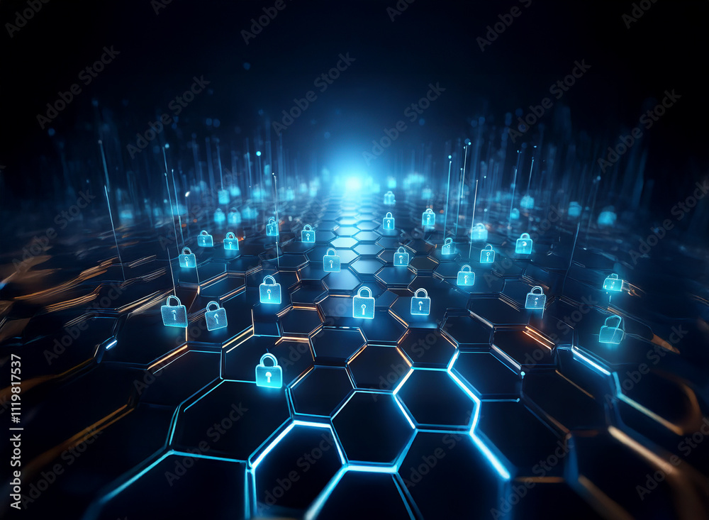 Poster a glowing digital landscape of hexagonal cells, each containing a padlock icon, represents a secure 