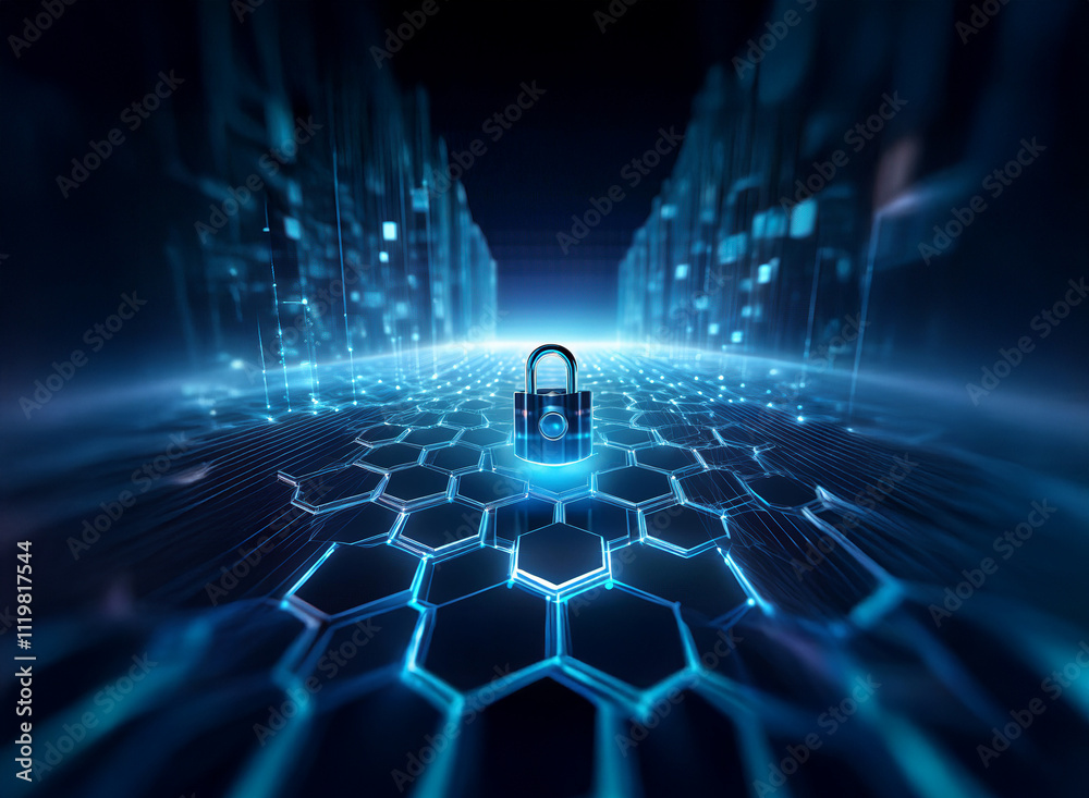 Aufkleber a glowing padlock sits at the center of a futuristic, hexagonal digital landscape. it symbolizes cyb