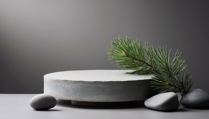 abstract scene in neutral grey background with stones pine tree branch and a podium for branding or packaging mockup ample space for copy