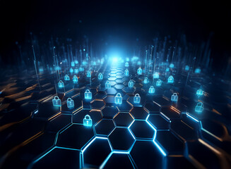 Obraz premium A glowing digital landscape of hexagonal cells, each containing a padlock icon, represents a secure network pathway. The scene is dark, with bright blue accents highlighting the security infrastructu