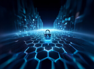 A glowing padlock sits at the center of a futuristic, hexagonal digital landscape. It symbolizes cybersecurity and data protection in a network environment.