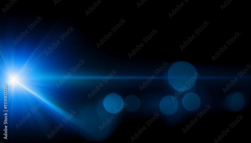 Wall mural intense blue and mainly off screen lens flare overlay texture with bokeh effect with black backgroun