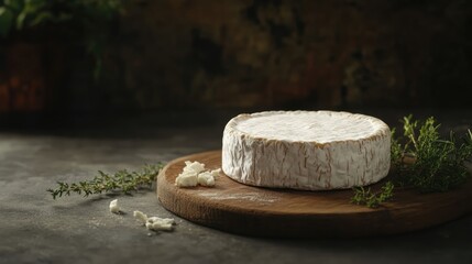 Artisanal whole cheese on rustic wooden board with herbs space for advertising and text in natural light setting