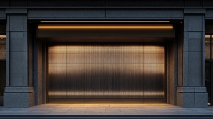 Modern aluminum roller shutter door with sleek metallic finish illuminated by subtle warm lights in urban architectural setting.