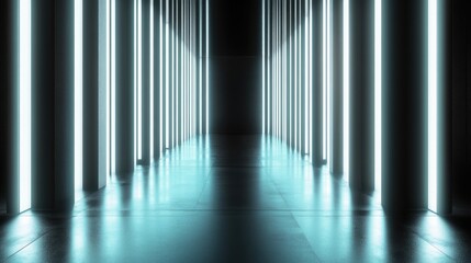 Fototapeta premium Futuristic corridor illuminated by light blue beams contrasting against a dark background creating a dramatic ambiance