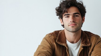 Fototapeta premium Young man in casual apparel posed against a clean white background showcasing a relaxed and contemporary look for lifestyle imagery.