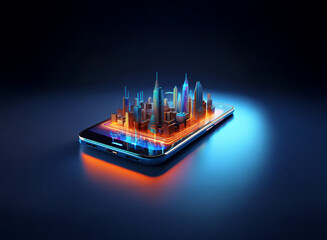 A vibrant, futuristic cityscape miniature sits atop a sleek smartphone, illuminated by glowing blue and orange light, symbolizing mobile technology and urban development.