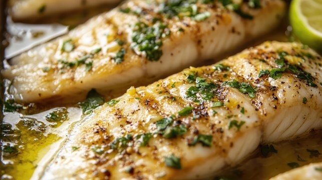 Steamed Basa Fish with Fresh Lime Dressing and Herb Garnish on a Serving Platter